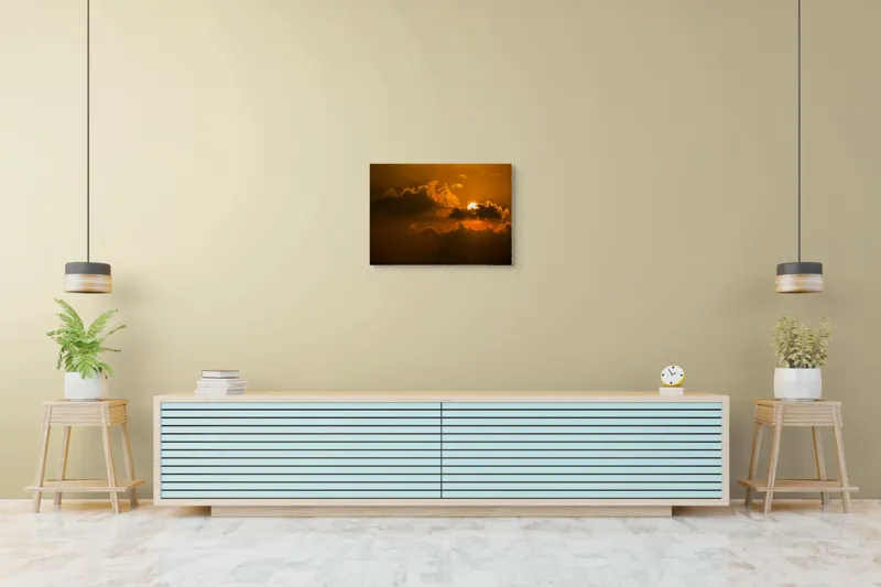 Tablou Canvas, "Soarele ascuns printre nori aurii", Soare, Apus, Nori, Cer, Portocaliu, Umbre, Lumină, Strălucire, Oglindire, Natură, 70 x 50 cm – poza 7