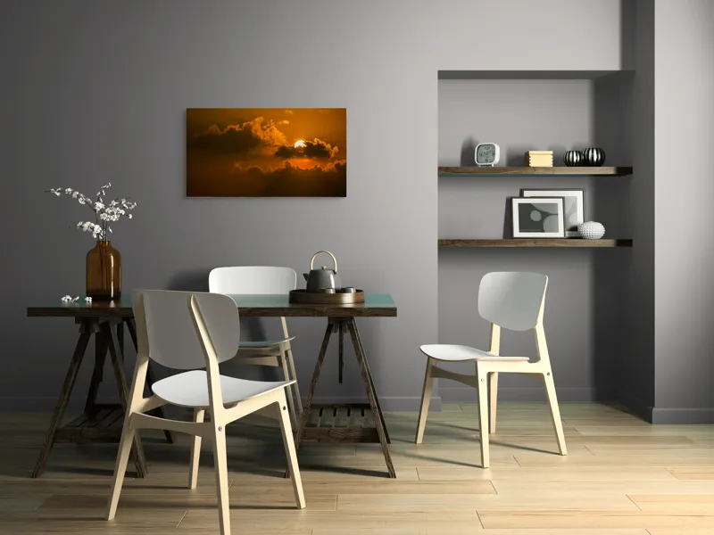 Tablou Canvas, "Soarele ascuns printre nori aurii", Soare, Apus, Nori, Cer, Portocaliu, Umbre, Lumină, Strălucire, Oglindire, Natură, 90 x 50 cm – poza 3