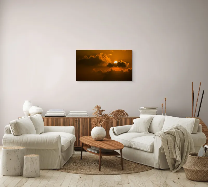 Tablou Canvas, "Soarele ascuns printre nori aurii", Soare, Apus, Nori, Cer, Portocaliu, Umbre, Lumină, Strălucire, Oglindire, Natură, 90 x 50 cm – poza 4