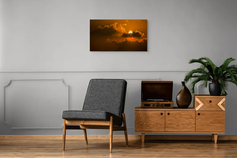 Tablou Canvas, "Soarele ascuns printre nori aurii", Soare, Apus, Nori, Cer, Portocaliu, Umbre, Lumină, Strălucire, Oglindire, Natură, 90 x 50 cm – poza 6