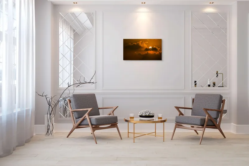 Tablou Canvas, "Soarele ascuns printre nori aurii", Soare, Apus, Nori, Cer, Portocaliu, Umbre, Lumină, Strălucire, Oglindire, Natură, 90 x 50 cm – poza 7