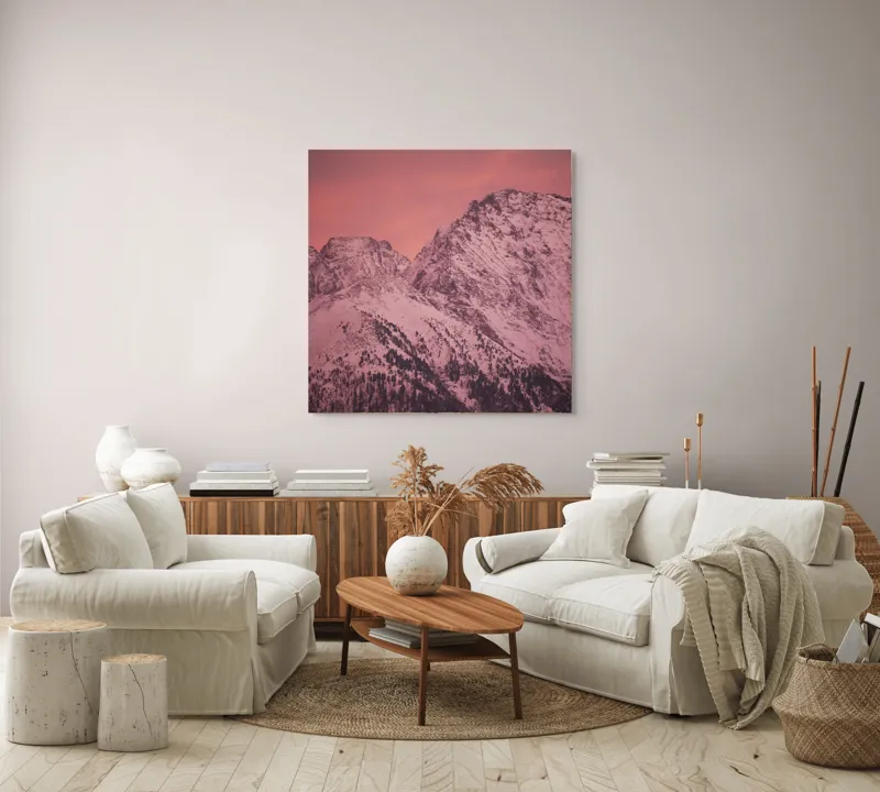 Tablou Canvas, "Tainicul amurg al munților înzăpeziți", Montană, Zăpadă, Creste, Cer, Roz, Apus, Imagine, Frumusețe, Liniște, Peisaj, 100 x 100 cm – poza 3