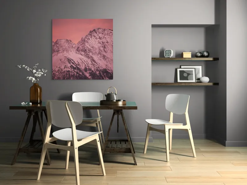Tablou Canvas, "Tainicul amurg al munților înzăpeziți", Montană, Zăpadă, Creste, Cer, Roz, Apus, Imagine, Frumusețe, Liniște, Peisaj, 100 x 100 cm – poza 6