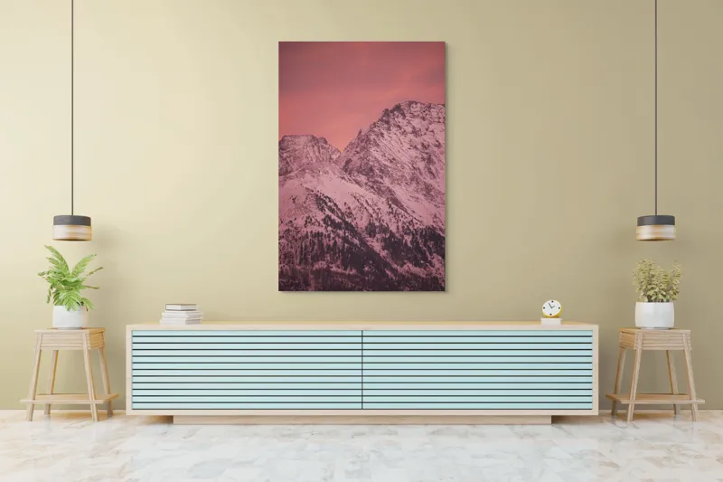 Tablou Canvas, "Tainicul amurg al munților înzăpeziți", Montană, Zăpadă, Creste, Cer, Roz, Apus, Imagine, Frumusețe, Liniște, Peisaj, 100 x 150 cm – poza 4