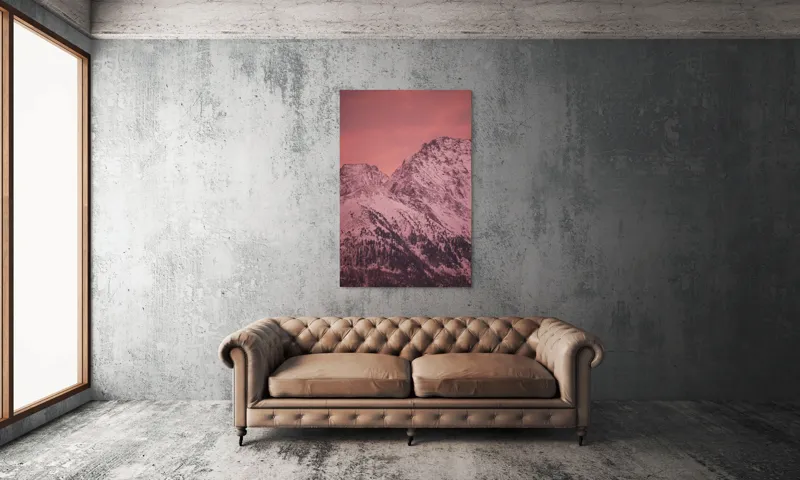 Tablou Canvas, "Tainicul amurg al munților înzăpeziți", Montană, Zăpadă, Creste, Cer, Roz, Apus, Imagine, Frumusețe, Liniște, Peisaj, 100 x 150 cm – poza 6