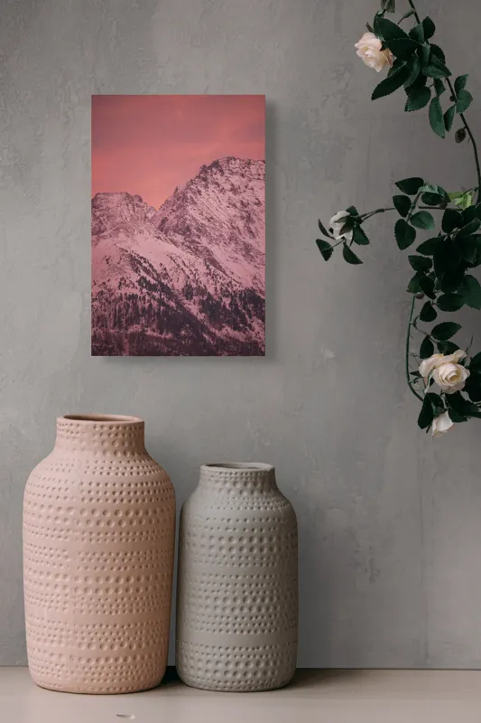 Tablou Canvas, "Tainicul amurg al munților înzăpeziți", Montană, Zăpadă, Creste, Cer, Roz, Apus, Imagine, Frumusețe, Liniște, Peisaj, 26 x 39 cm – poza 6