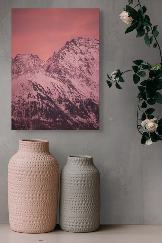 Tablou Canvas, "Tainicul amurg al munților înzăpeziți", Montană, Zăpadă, Creste, Cer, Roz, Apus, Imagine, Frumusețe, Liniște, Peisaj, 39 x 54 cm – poza 6