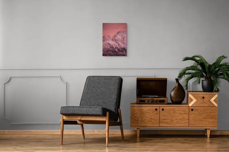 Tablou Canvas, "Tainicul amurg al munților înzăpeziți", Montană, Zăpadă, Creste, Cer, Roz, Apus, Imagine, Frumusețe, Liniște, Peisaj, 39 x 54 cm – poza 8