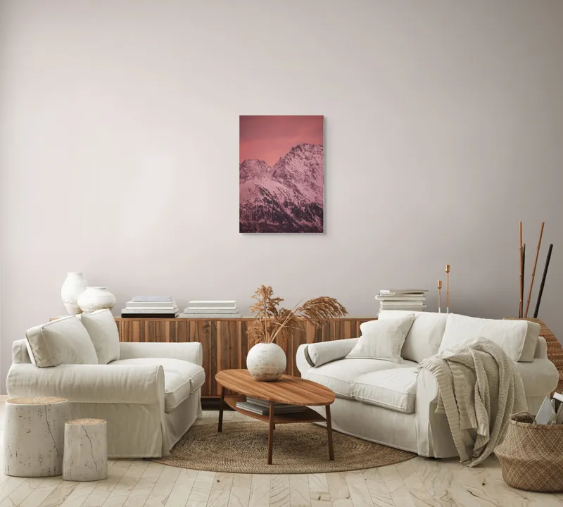 Tablou Canvas, "Tainicul amurg al munților înzăpeziți", Montană, Zăpadă, Creste, Cer, Roz, Apus, Imagine, Frumusețe, Liniște, Peisaj, 50 x 70 cm – poza 4