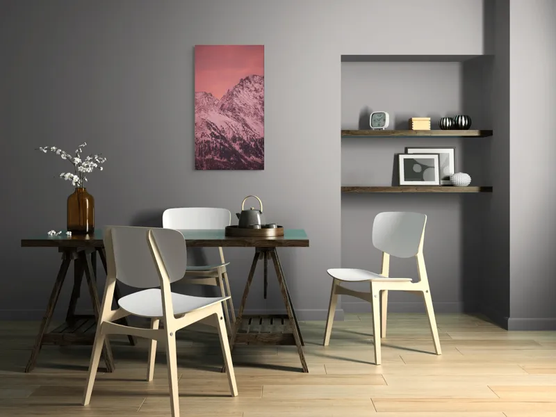 Tablou Canvas, "Tainicul amurg al munților înzăpeziți", Montană, Zăpadă, Creste, Cer, Roz, Apus, Imagine, Frumusețe, Liniște, Peisaj, 50 x 90 cm – poza 4