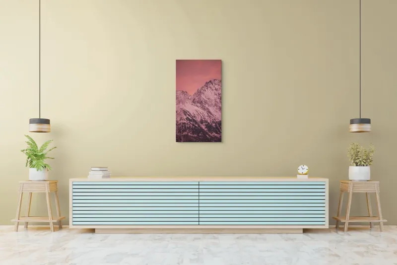 Tablou Canvas, "Tainicul amurg al munților înzăpeziți", Montană, Zăpadă, Creste, Cer, Roz, Apus, Imagine, Frumusețe, Liniște, Peisaj, 50 x 90 cm – poza 6