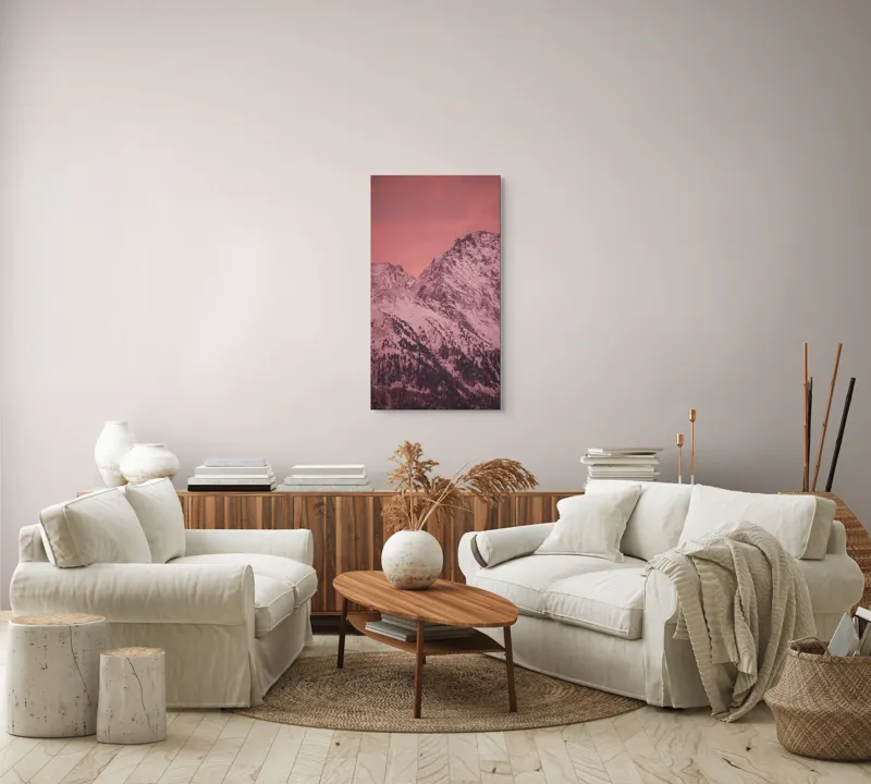 Tablou Canvas, "Tainicul amurg al munților înzăpeziți", Montană, Zăpadă, Creste, Cer, Roz, Apus, Imagine, Frumusețe, Liniște, Peisaj, 50 x 90 cm – poza 7