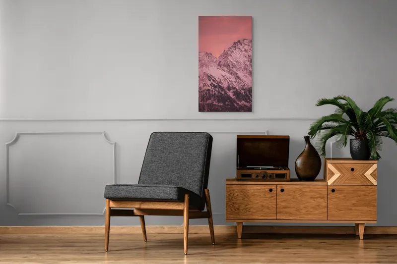 Tablou Canvas, "Tainicul amurg al munților înzăpeziți", Montană, Zăpadă, Creste, Cer, Roz, Apus, Imagine, Frumusețe, Liniște, Peisaj, 50 x 90 cm – poza 8