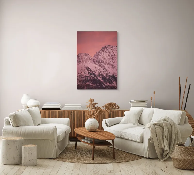 Tablou Canvas, "Tainicul amurg al munților înzăpeziți", Montană, Zăpadă, Creste, Cer, Roz, Apus, Imagine, Frumusețe, Liniște, Peisaj, 70 x 100 cm – poza 4