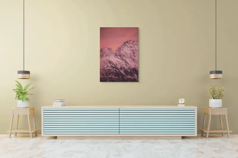 Tablou Canvas, "Tainicul amurg al munților înzăpeziți", Montană, Zăpadă, Creste, Cer, Roz, Apus, Imagine, Frumusețe, Liniște, Peisaj, 70 x 100 cm – poza 5