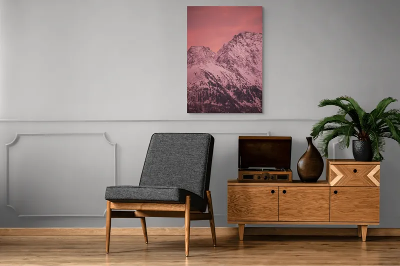 Tablou Canvas, "Tainicul amurg al munților înzăpeziți", Montană, Zăpadă, Creste, Cer, Roz, Apus, Imagine, Frumusețe, Liniște, Peisaj, 70 x 100 cm – poza 6