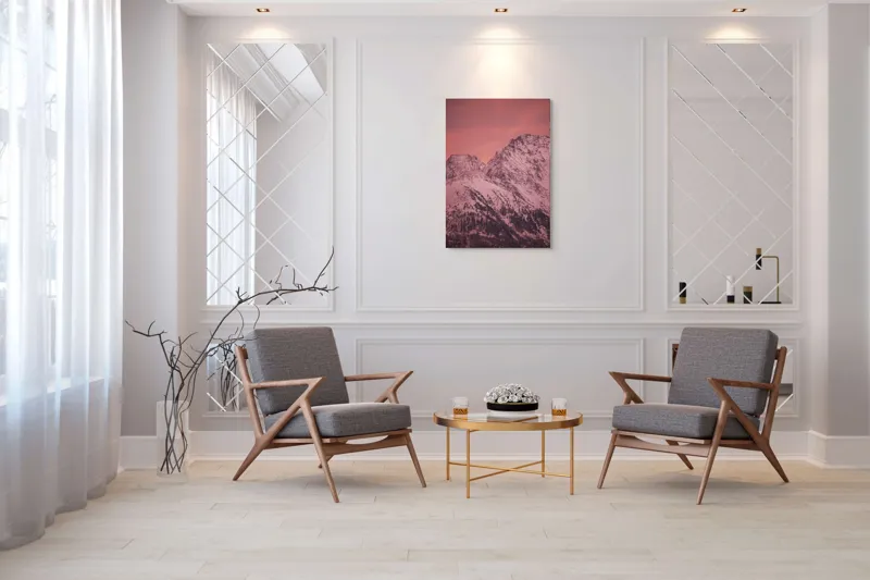 Tablou Canvas, "Tainicul amurg al munților înzăpeziți", Montană, Zăpadă, Creste, Cer, Roz, Apus, Imagine, Frumusețe, Liniște, Peisaj, 70 x 100 cm – poza 8