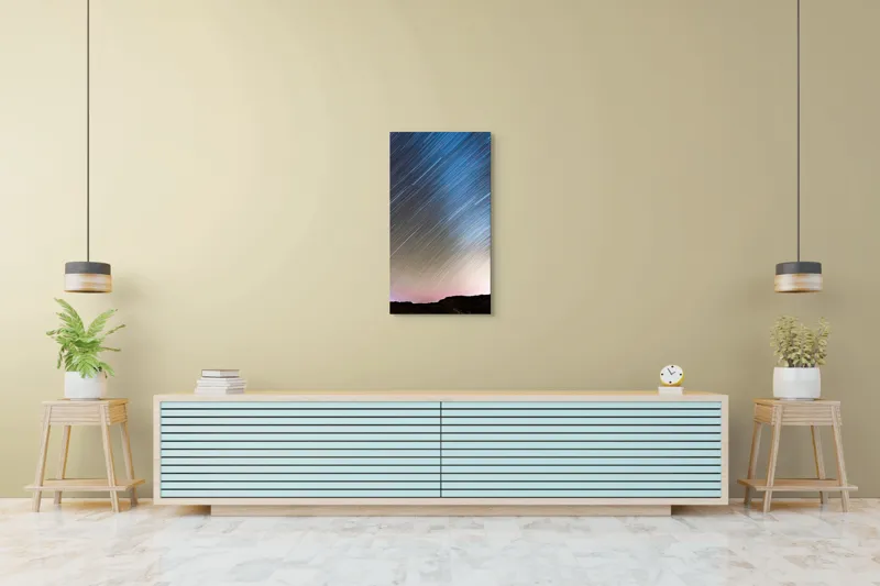 Tablou Canvas, "Stele strălucitoare peste munții întunecați", Stele, Cer, Pante, Noapte, Lumină, Peisaj, Mișcare, Lung, Expunere, Strălucire, Orizont, 50 x 90 cm – poza 6
