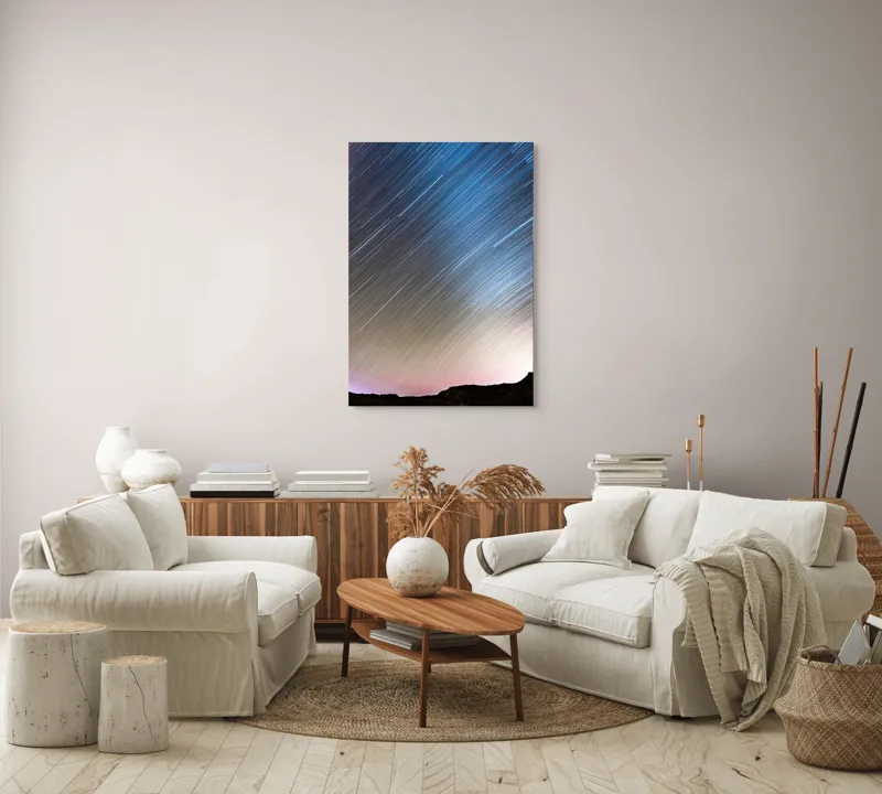 Tablou Canvas, "Stele strălucitoare peste munții întunecați", Stele, Cer, Pante, Noapte, Lumină, Peisaj, Mișcare, Lung, Expunere, Strălucire, Orizont, 70 x 100 cm – poza 4