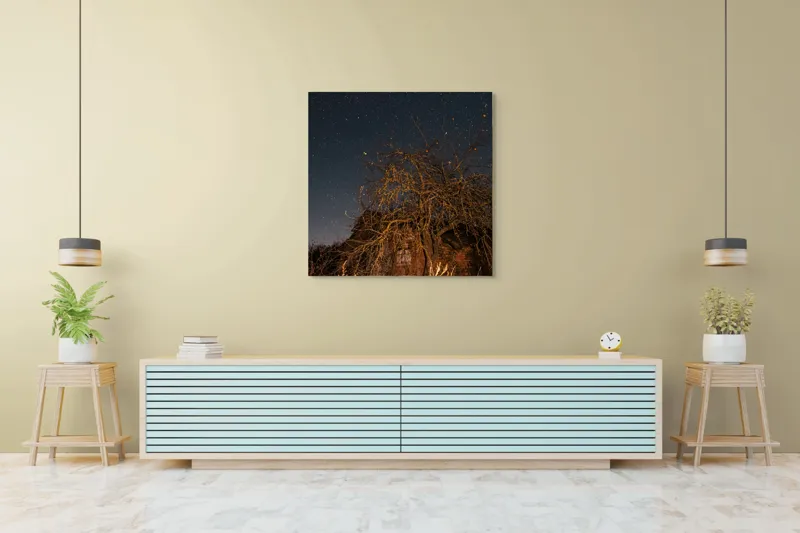 Tablou Canvas, "Stele deasupra unui copac uscat", Cer, Stele, Copac, Noapte, Clădire, Rămășițe, Tăcere, Mister, Natură, Frumusețe, 100 x 100 cm – poza 5