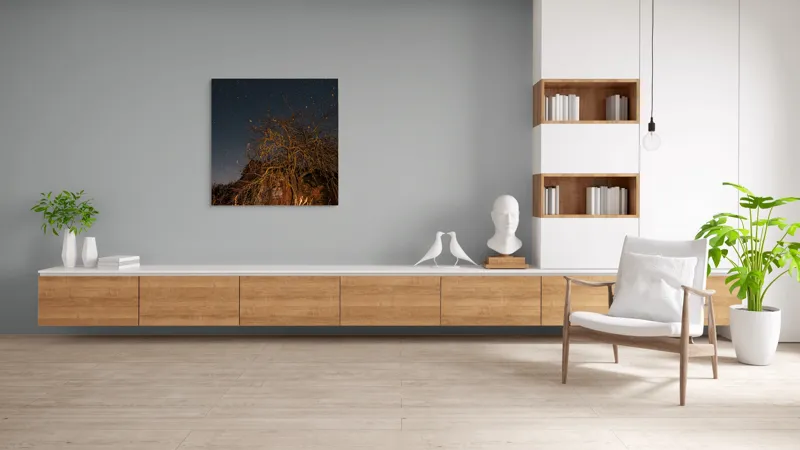 Tablou Canvas, "Stele deasupra unui copac uscat", Cer, Stele, Copac, Noapte, Clădire, Rămășițe, Tăcere, Mister, Natură, Frumusețe, 100 x 100 cm – poza 8