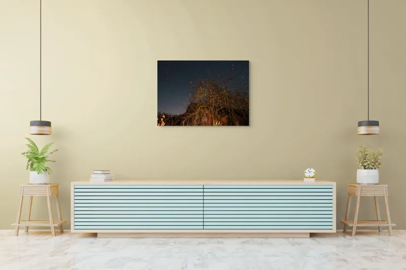 Tablou Canvas, "Stele deasupra unui copac uscat", Cer, Stele, Copac, Noapte, Clădire, Rămășițe, Tăcere, Mister, Natură, Frumusețe, 100 x 70 cm – poza 4