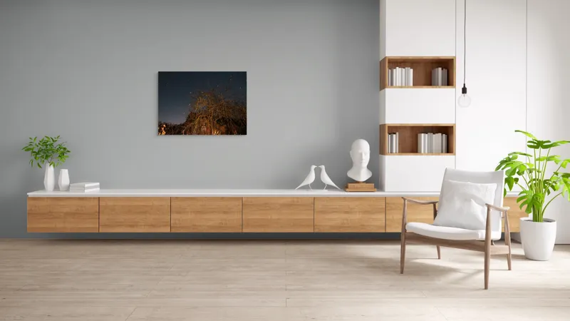 Tablou Canvas, "Stele deasupra unui copac uscat", Cer, Stele, Copac, Noapte, Clădire, Rămășițe, Tăcere, Mister, Natură, Frumusețe, 100 x 70 cm – poza 6