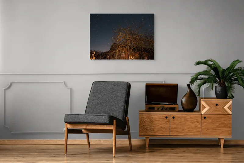 Tablou Canvas, "Stele deasupra unui copac uscat", Cer, Stele, Copac, Noapte, Clădire, Rămășițe, Tăcere, Mister, Natură, Frumusețe, 100 x 70 cm – poza 8