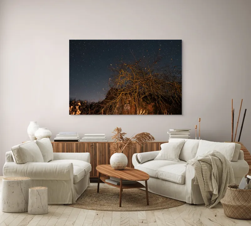 Tablou Canvas, "Stele deasupra unui copac uscat", Cer, Stele, Copac, Noapte, Clădire, Rămășițe, Tăcere, Mister, Natură, Frumusețe, 150 x 100 cm – poza 3
