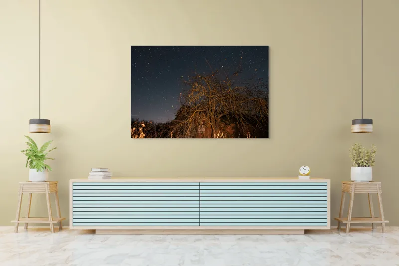 Tablou Canvas, "Stele deasupra unui copac uscat", Cer, Stele, Copac, Noapte, Clădire, Rămășițe, Tăcere, Mister, Natură, Frumusețe, 150 x 100 cm – poza 6