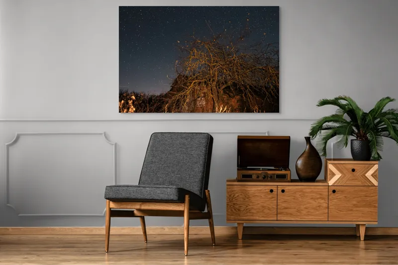 Tablou Canvas, "Stele deasupra unui copac uscat", Cer, Stele, Copac, Noapte, Clădire, Rămășițe, Tăcere, Mister, Natură, Frumusețe, 150 x 100 cm – poza 8