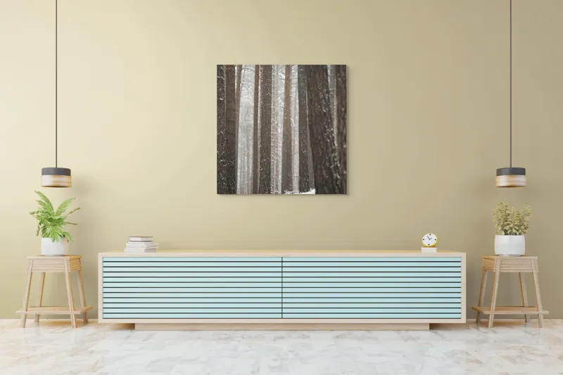 Tablou Canvas, "Visul unei păduri de iarnă", Copaci, Zapada, Trunchiuri, Padure, Iarna, Liniste, Natură, 100 x 100 cm – poza 5