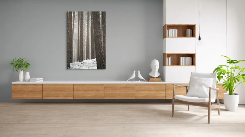 Tablou Canvas, "Visul unei păduri de iarnă", Copaci, Zapada, Trunchiuri, Padure, Iarna, Liniste, Natură, 100 x 150 cm – poza 8
