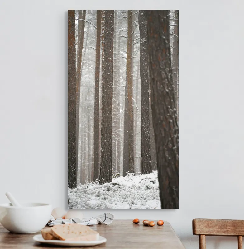 Tablou Canvas, "Visul unei păduri de iarnă", Copaci, Zapada, Trunchiuri, Padure, Iarna, Liniste, Natură, 50 x 90 cm – poza 3