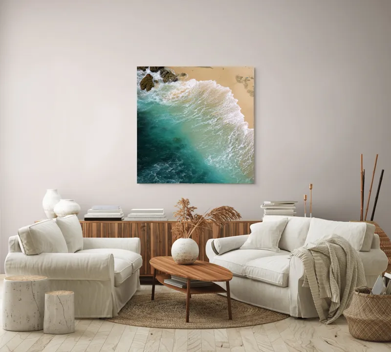 Tablou Canvas, "Valurile mării pe țărmul nisipos", Ocean, Valuri, Nisip, Țărm, Albastru, Spumă, Stânci, Natură, 100 x 100 cm – poza 3