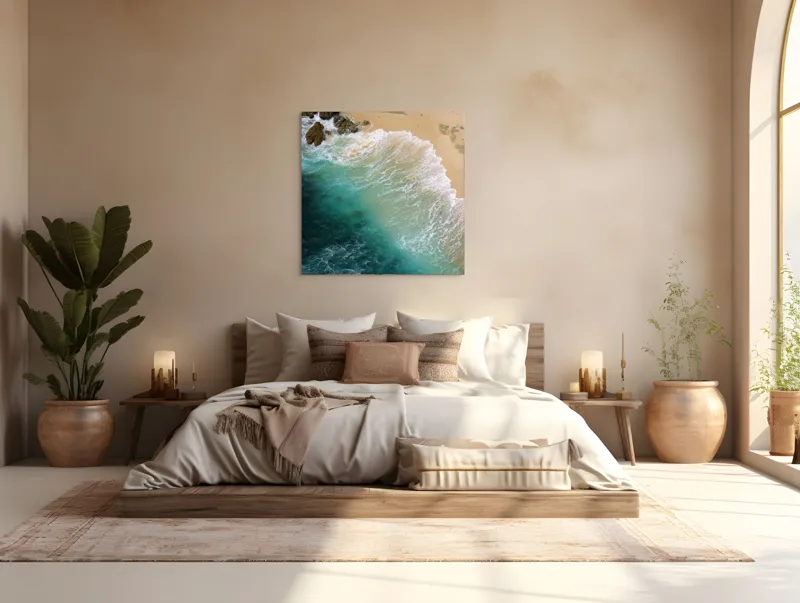 Tablou Canvas, "Valurile mării pe țărmul nisipos", Ocean, Valuri, Nisip, Țărm, Albastru, Spumă, Stânci, Natură, 100 x 100 cm – poza 4