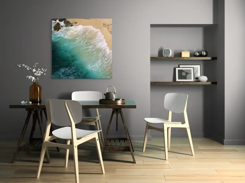 Tablou Canvas, "Valurile mării pe țărmul nisipos", Ocean, Valuri, Nisip, Țărm, Albastru, Spumă, Stânci, Natură, 100 x 100 cm – poza 6