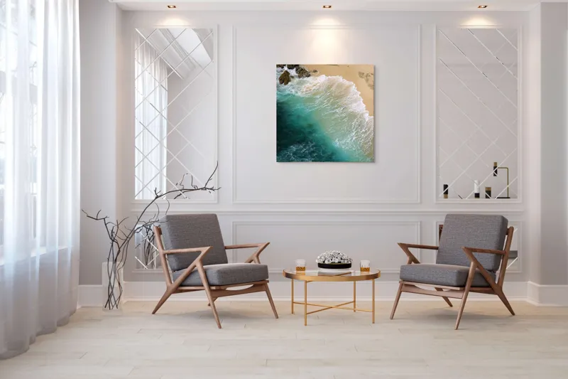 Tablou Canvas, "Valurile mării pe țărmul nisipos", Ocean, Valuri, Nisip, Țărm, Albastru, Spumă, Stânci, Natură, 100 x 100 cm – poza 7