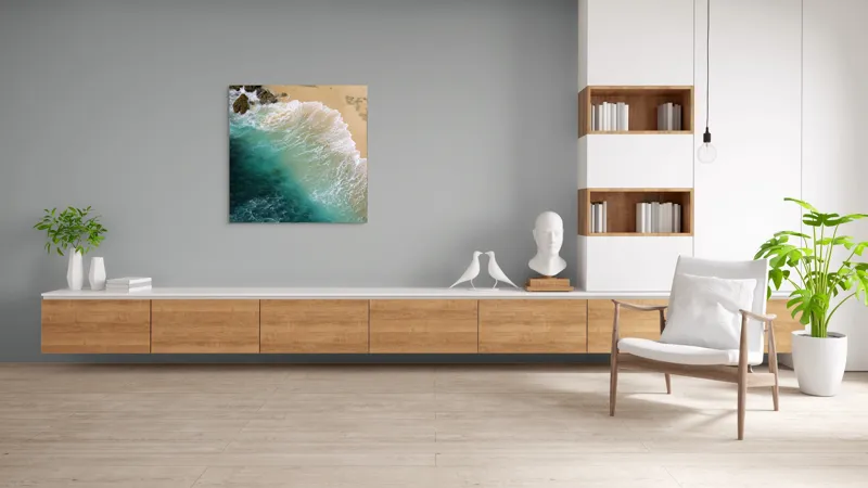 Tablou Canvas, "Valurile mării pe țărmul nisipos", Ocean, Valuri, Nisip, Țărm, Albastru, Spumă, Stânci, Natură, 100 x 100 cm – poza 8