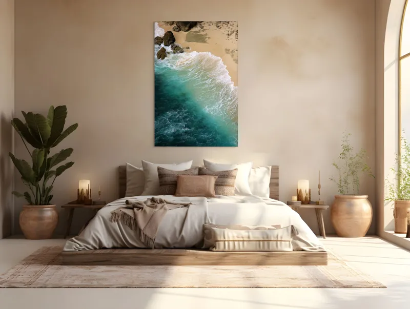 Tablou Canvas, "Valurile mării pe țărmul nisipos", Ocean, Valuri, Nisip, Țărm, Albastru, Spumă, Stânci, Natură, 100 x 150 cm – poza 3