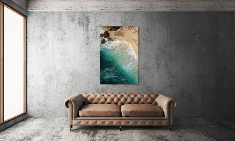 Tablou Canvas, "Valurile mării pe țărmul nisipos", Ocean, Valuri, Nisip, Țărm, Albastru, Spumă, Stânci, Natură, 100 x 150 cm – poza 6