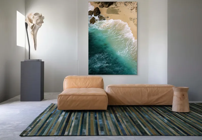 Tablou Canvas, "Valurile mării pe țărmul nisipos", Ocean, Valuri, Nisip, Țărm, Albastru, Spumă, Stânci, Natură, 100 x 150 cm – poza 7