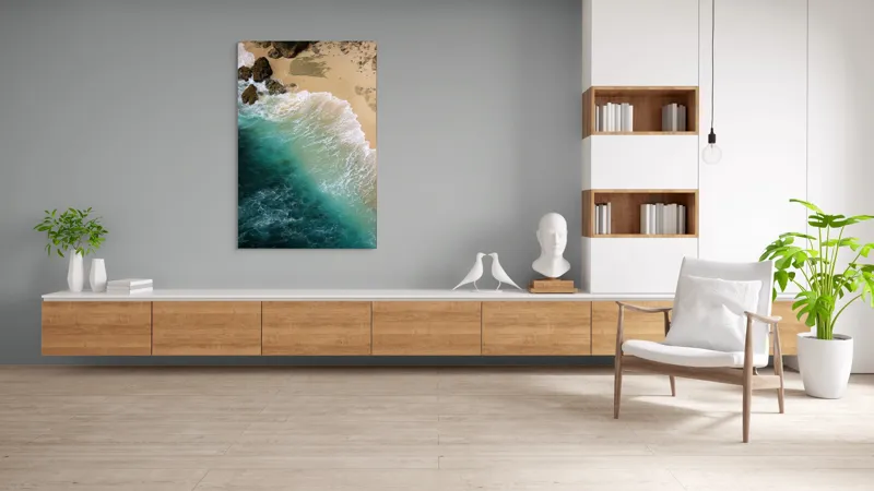 Tablou Canvas, "Valurile mării pe țărmul nisipos", Ocean, Valuri, Nisip, Țărm, Albastru, Spumă, Stânci, Natură, 100 x 150 cm – poza 8