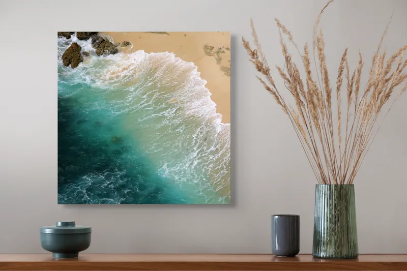 Tablou Canvas, "Valurile mării pe țărmul nisipos", Ocean, Valuri, Nisip, Țărm, Albastru, Spumă, Stânci, Natură, 50 x 50 cm – poza 4