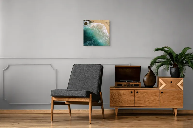 Tablou Canvas, "Valurile mării pe țărmul nisipos", Ocean, Valuri, Nisip, Țărm, Albastru, Spumă, Stânci, Natură, 50 x 50 cm – poza 6