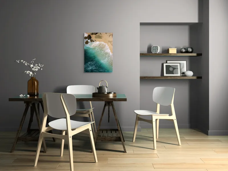 Tablou Canvas, "Valurile mării pe țărmul nisipos", Ocean, Valuri, Nisip, Țărm, Albastru, Spumă, Stânci, Natură, 50 x 70 cm – poza 5