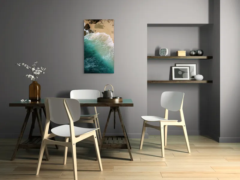 Tablou Canvas, "Valurile mării pe țărmul nisipos", Ocean, Valuri, Nisip, Țărm, Albastru, Spumă, Stânci, Natură, 50 x 90 cm – poza 4
