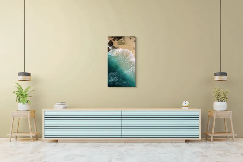 Tablou Canvas, "Valurile mării pe țărmul nisipos", Ocean, Valuri, Nisip, Țărm, Albastru, Spumă, Stânci, Natură, 50 x 90 cm – poza 6