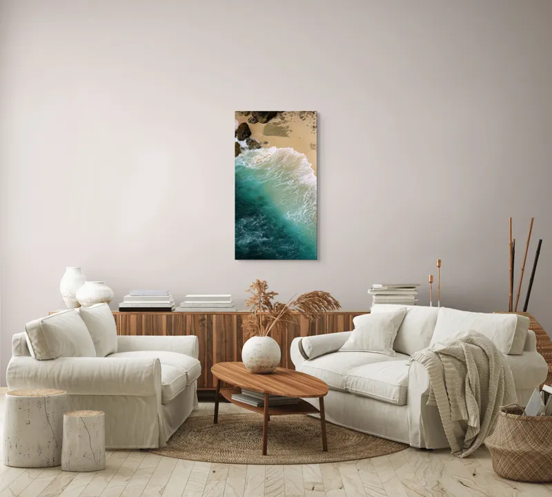 Tablou Canvas, "Valurile mării pe țărmul nisipos", Ocean, Valuri, Nisip, Țărm, Albastru, Spumă, Stânci, Natură, 50 x 90 cm – poza 7