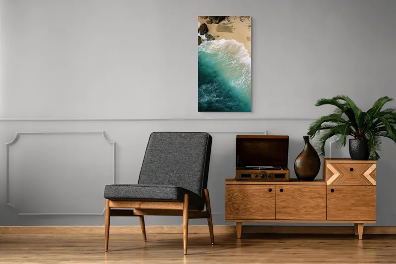 Tablou Canvas, "Valurile mării pe țărmul nisipos", Ocean, Valuri, Nisip, Țărm, Albastru, Spumă, Stânci, Natură, 50 x 90 cm – poza 8